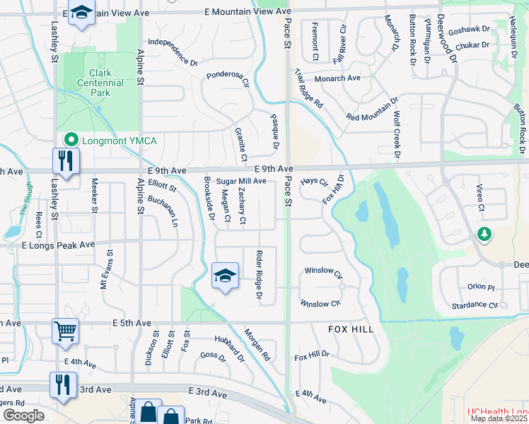 map of restaurants, bars, coffee shops, grocery stores, and more near 703 Ridge Creek Court in Longmont