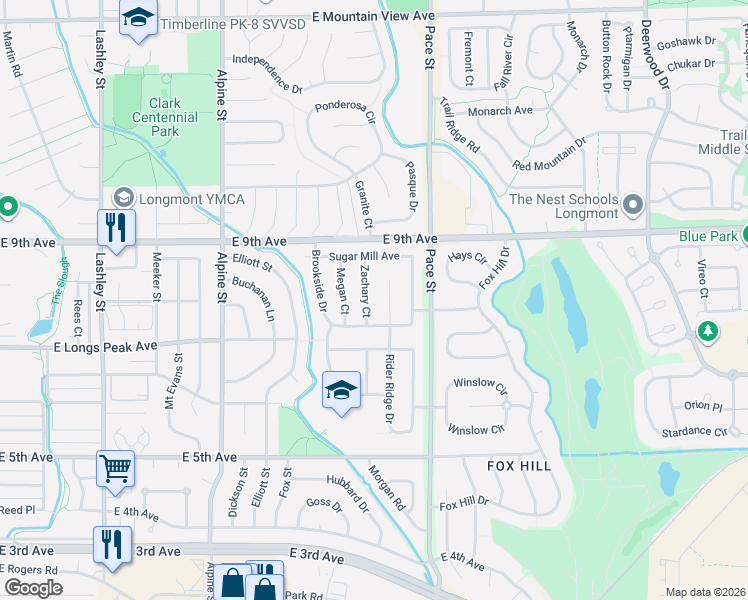 map of restaurants, bars, coffee shops, grocery stores, and more near 724 Zachary Court in Longmont