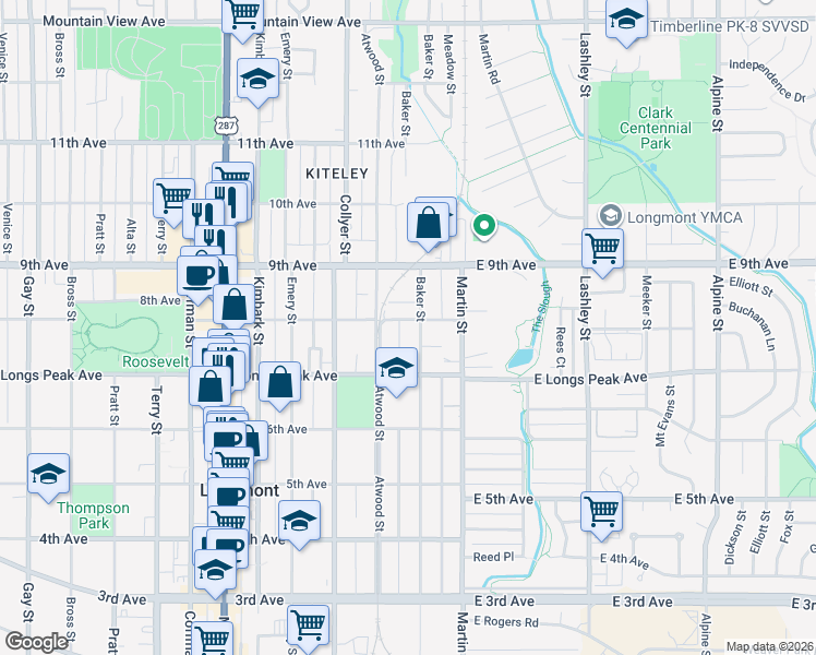 map of restaurants, bars, coffee shops, grocery stores, and more near 706 Atwood Street in Longmont