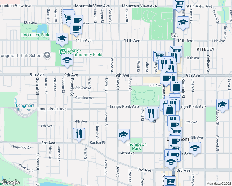 map of restaurants, bars, coffee shops, grocery stores, and more near 721 Gay Street in Longmont