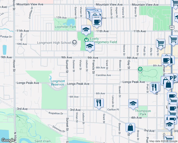 map of restaurants, bars, coffee shops, grocery stores, and more near 733 Francis Street in Longmont