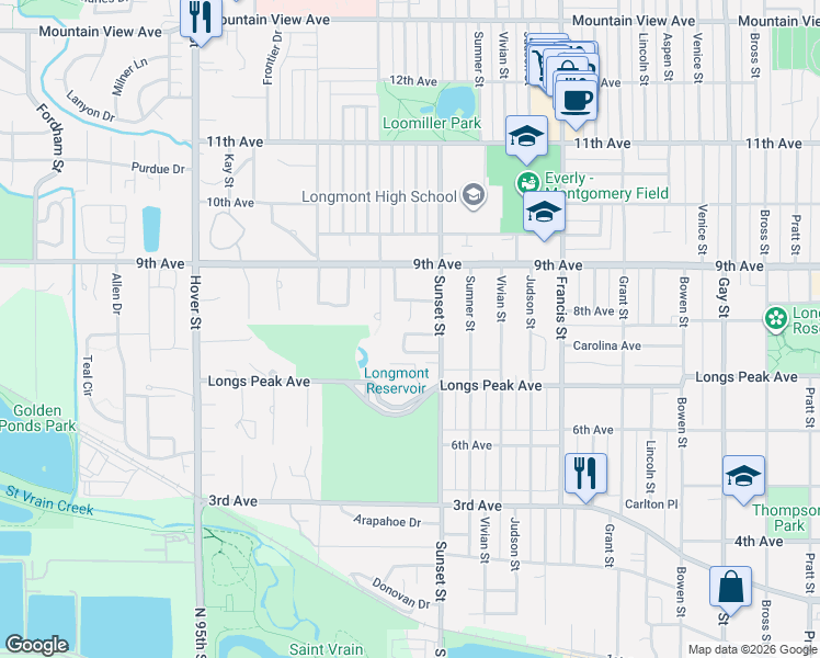map of restaurants, bars, coffee shops, grocery stores, and more near 13 Sunset Circle in Longmont