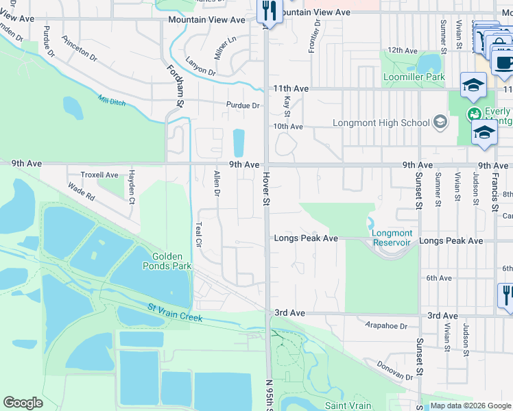 map of restaurants, bars, coffee shops, grocery stores, and more near 718 Widgeon Circle in Longmont