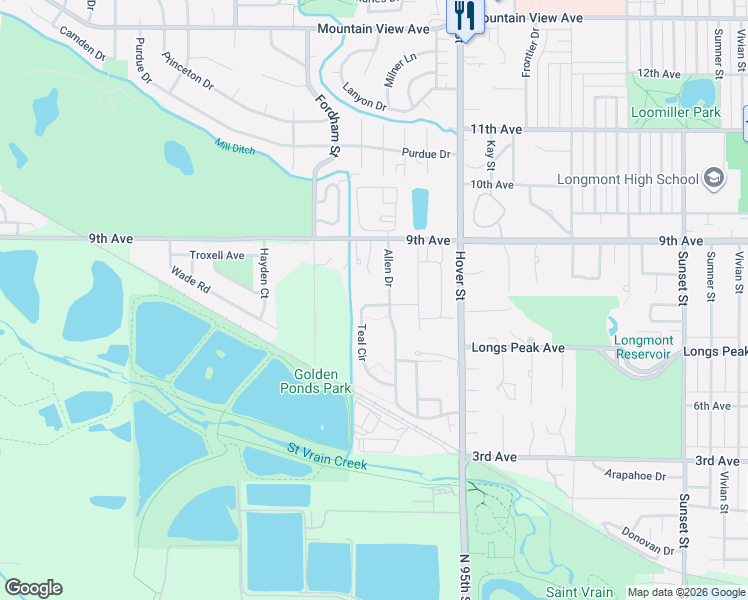 map of restaurants, bars, coffee shops, grocery stores, and more near 708 Teal Circle in Longmont