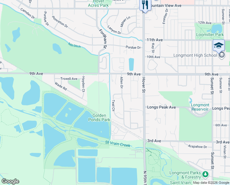 map of restaurants, bars, coffee shops, grocery stores, and more near 708 Teal Circle in Longmont