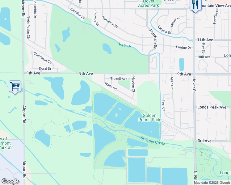 map of restaurants, bars, coffee shops, grocery stores, and more near 745 Wade Road in Longmont