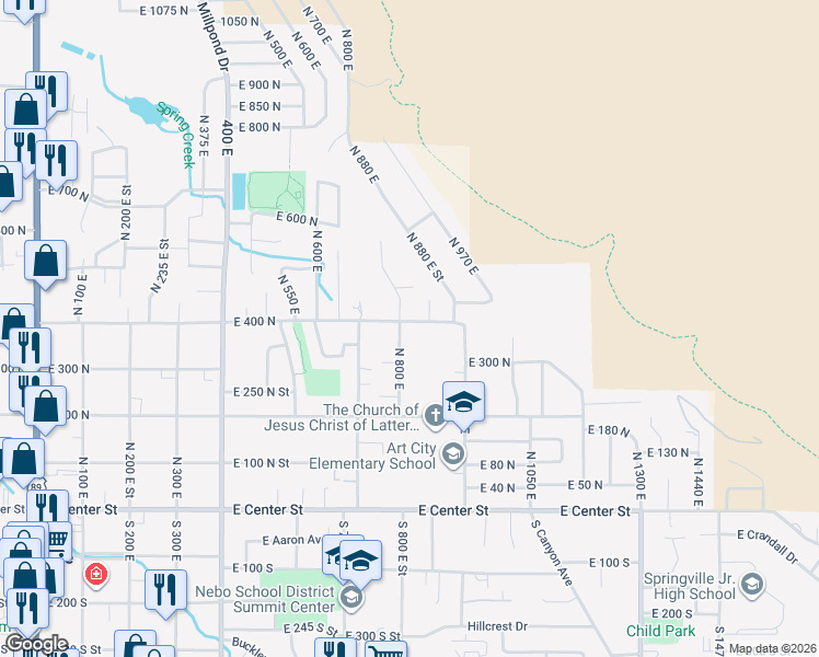 map of restaurants, bars, coffee shops, grocery stores, and more near 346 North 800 East in Springville