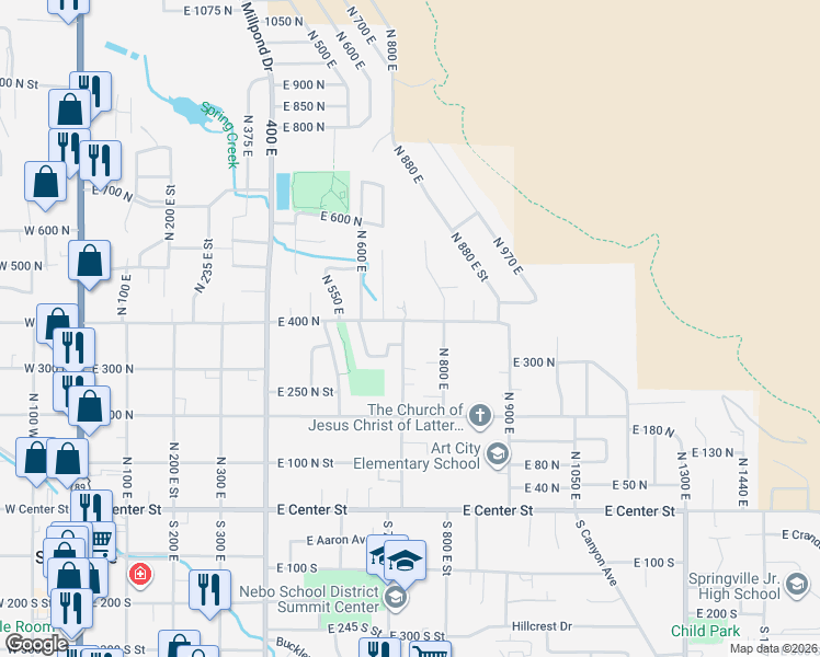 map of restaurants, bars, coffee shops, grocery stores, and more near 347 North 800 East in Springville