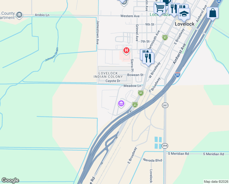 map of restaurants, bars, coffee shops, grocery stores, and more near 145 Oak Circle in Lovelock