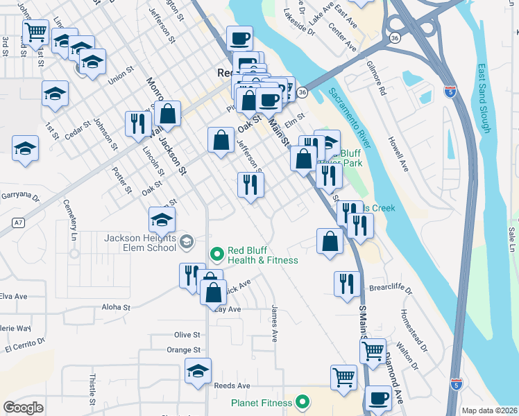 map of restaurants, bars, coffee shops, grocery stores, and more near 201 Madison St in Red Bluff