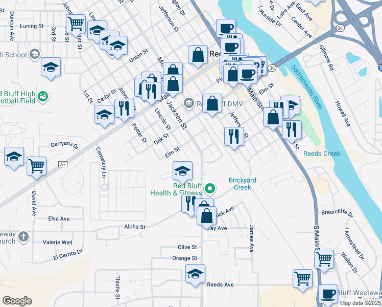 map of restaurants, bars, coffee shops, grocery stores, and more near 371 Lincoln Street in Red Bluff