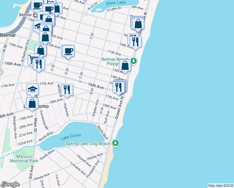 map of restaurants, bars, coffee shops, grocery stores, and more near 1607 Ocean Avenue in Belmar