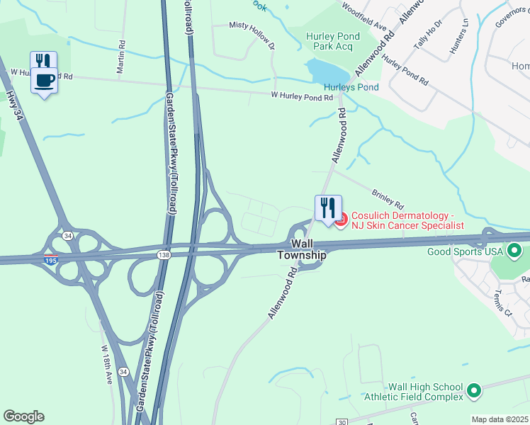 map of restaurants, bars, coffee shops, grocery stores, and more near 3400 New Jersey 138 in Wall Township