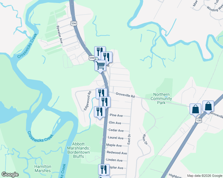 map of restaurants, bars, coffee shops, grocery stores, and more near 3 Groveville Road in Trenton