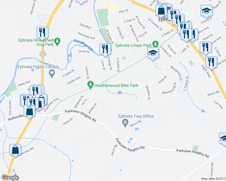 map of restaurants, bars, coffee shops, grocery stores, and more near 133 Brickyard Circle in Ephrata