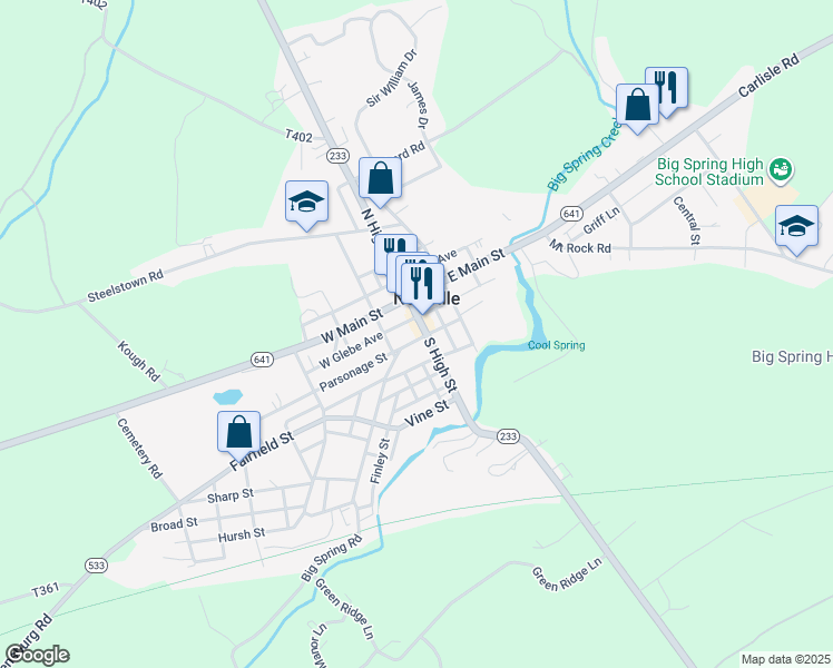 map of restaurants, bars, coffee shops, grocery stores, and more near 58 South High Street in Newville