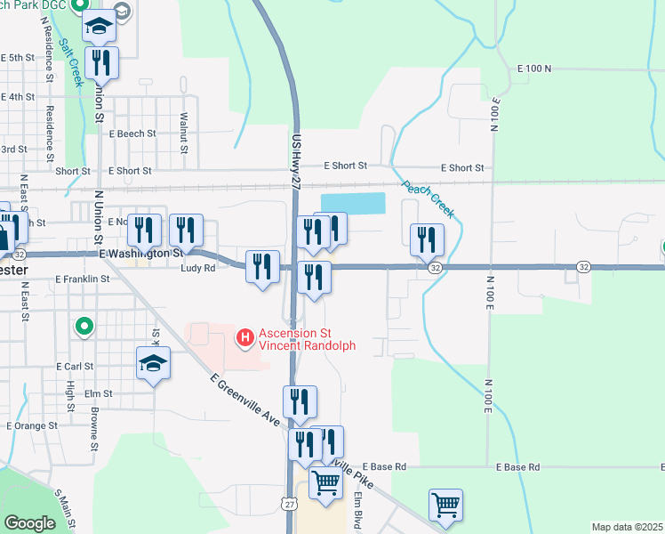 map of restaurants, bars, coffee shops, grocery stores, and more near 918 E Washington St in Winchester