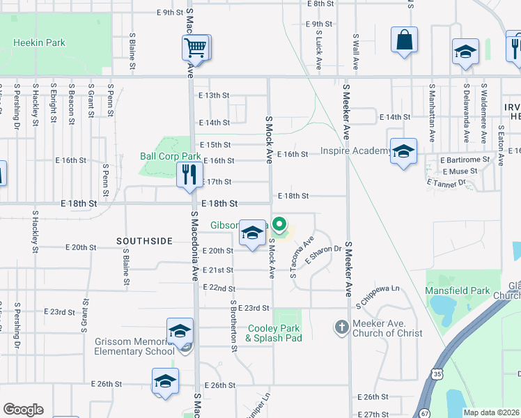 map of restaurants, bars, coffee shops, grocery stores, and more near 1825 E 18th St in Muncie