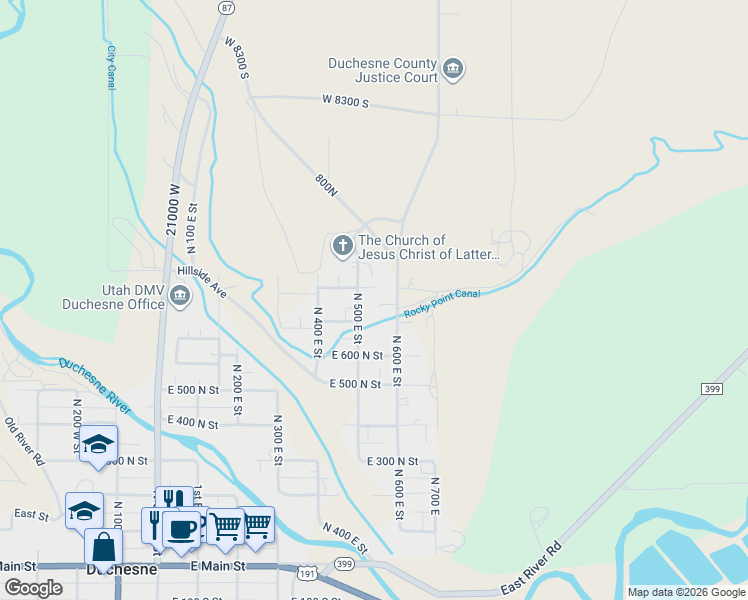 map of restaurants, bars, coffee shops, grocery stores, and more near 666 North 500 East Street in Duchesne