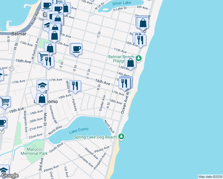 map of restaurants, bars, coffee shops, grocery stores, and more near 115 17th Avenue in Belmar