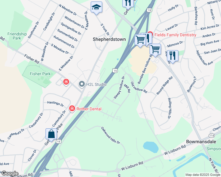 map of restaurants, bars, coffee shops, grocery stores, and more near 2353 Mill Road in Mechanicsburg