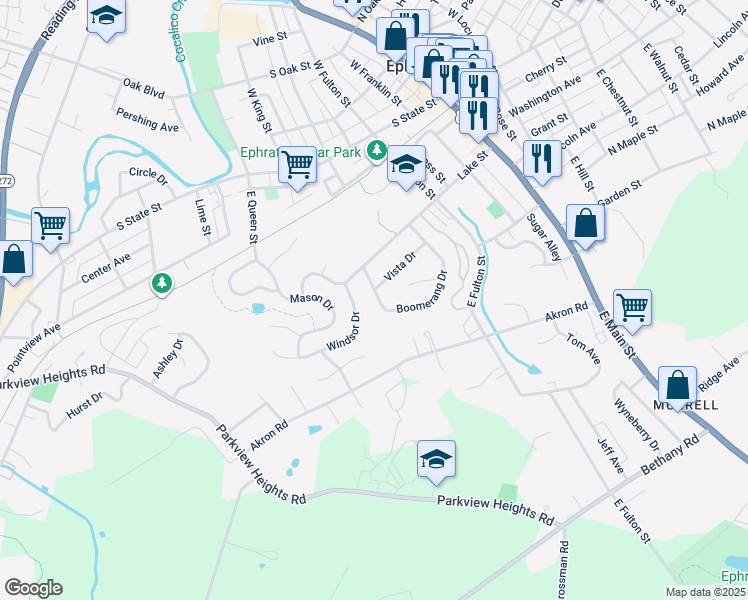 map of restaurants, bars, coffee shops, grocery stores, and more near 292 Boomerang Drive in Ephrata