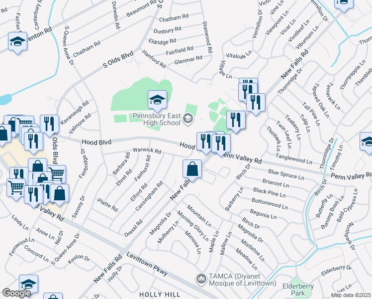 map of restaurants, bars, coffee shops, grocery stores, and more near 510 Warwick Circle in Fairless Hills