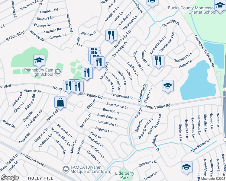 map of restaurants, bars, coffee shops, grocery stores, and more near 7 Thinbark Ln in Levittown