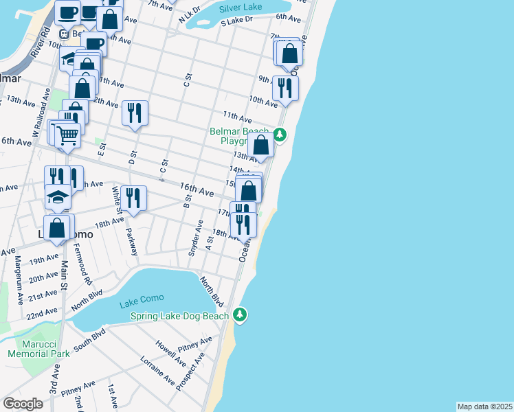 map of restaurants, bars, coffee shops, grocery stores, and more near 1501 Ocean Avenue in Belmar