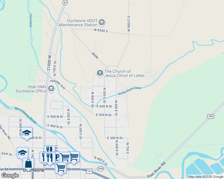 map of restaurants, bars, coffee shops, grocery stores, and more near 560 East 750 North in Duchesne