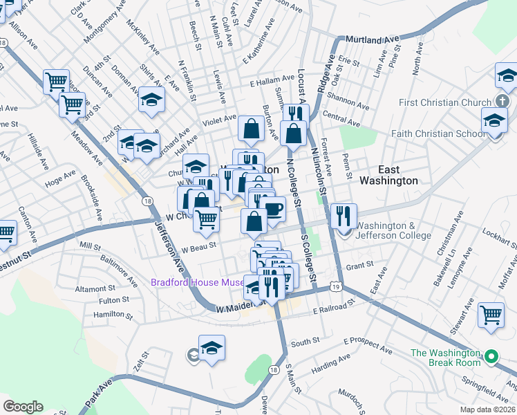 map of restaurants, bars, coffee shops, grocery stores, and more near 38 North Main Street in Washington
