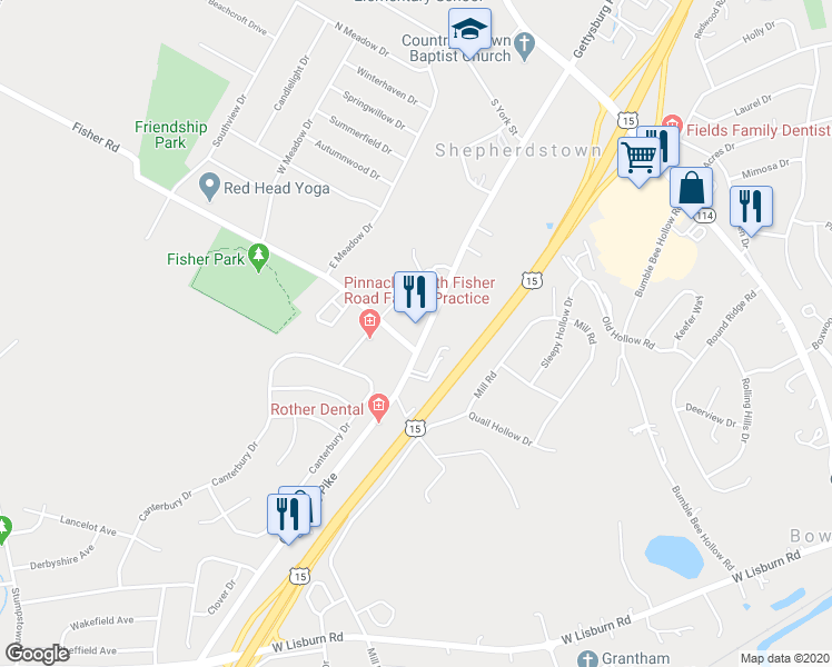 map of restaurants, bars, coffee shops, grocery stores, and more near 2151 Fisher Road in Mechanicsburg