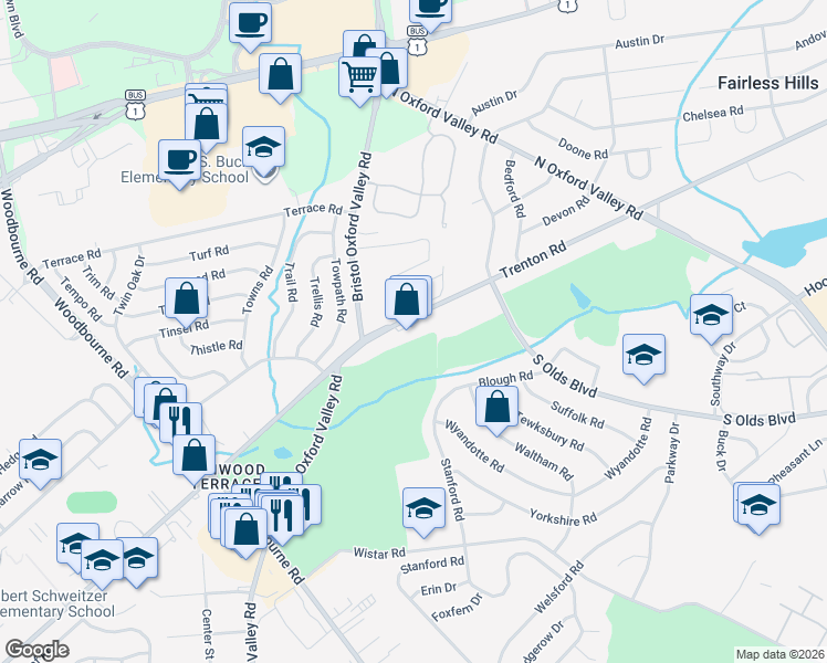 map of restaurants, bars, coffee shops, grocery stores, and more near 96 Trenton Road in Fairless Hills