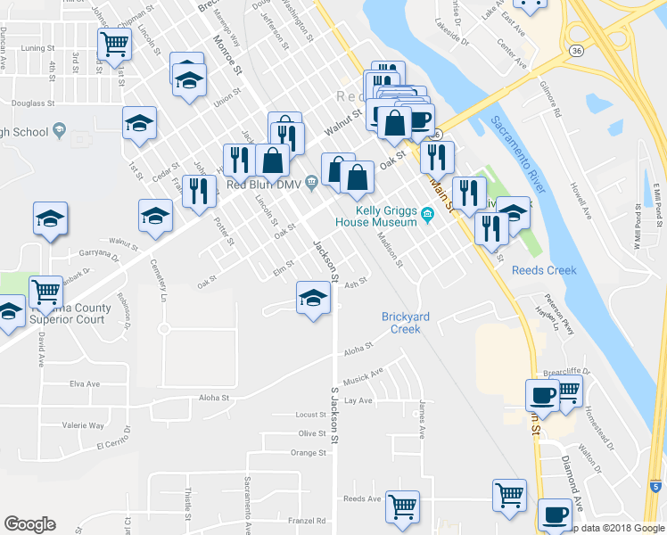 map of restaurants, bars, coffee shops, grocery stores, and more near Jackson Street & Sycamore Street in Red Bluff