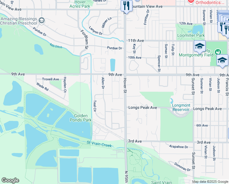 map of restaurants, bars, coffee shops, grocery stores, and more near 718 Widgeon Circle in Longmont
