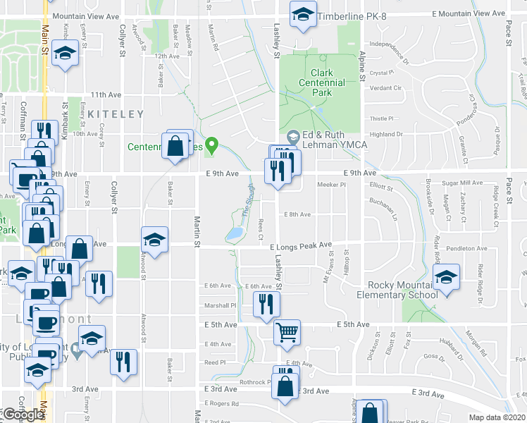 map of restaurants, bars, coffee shops, grocery stores, and more near 733 Lashley Street in Longmont