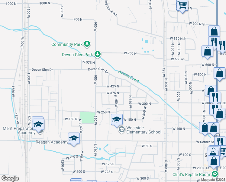 map of restaurants, bars, coffee shops, grocery stores, and more near 341 North 750 West in Springville