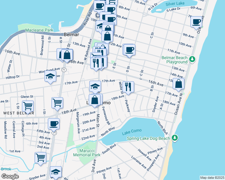 map of restaurants, bars, coffee shops, grocery stores, and more near 516 1/2 18th Avenue in Belmar