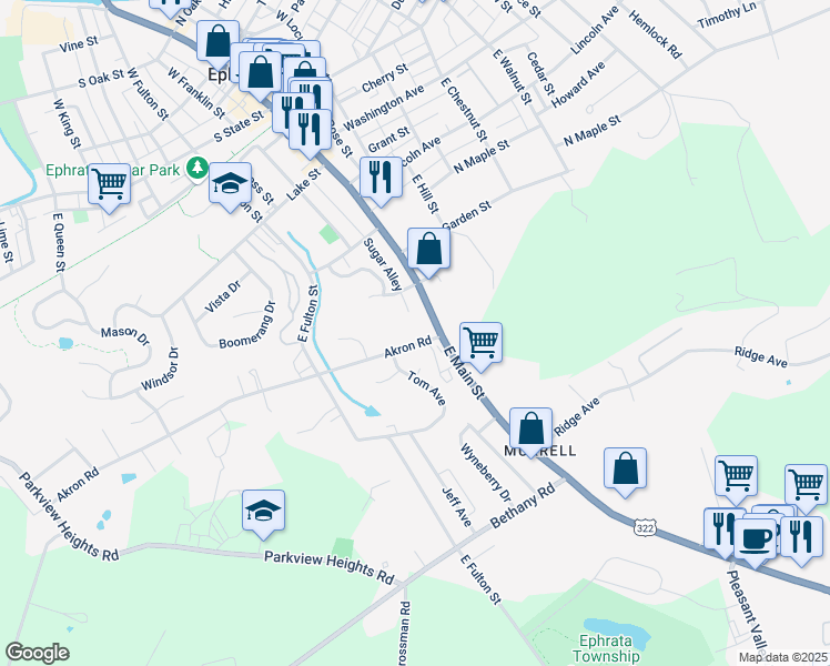 map of restaurants, bars, coffee shops, grocery stores, and more near 132 Sherry Court in Ephrata