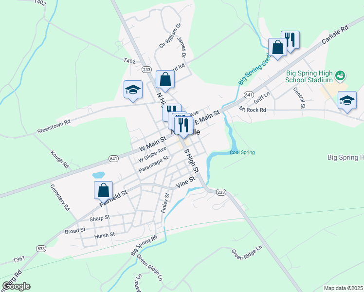 map of restaurants, bars, coffee shops, grocery stores, and more near 58 South High Street in Newville