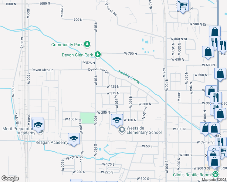 map of restaurants, bars, coffee shops, grocery stores, and more near 341 North 750 West in Springville