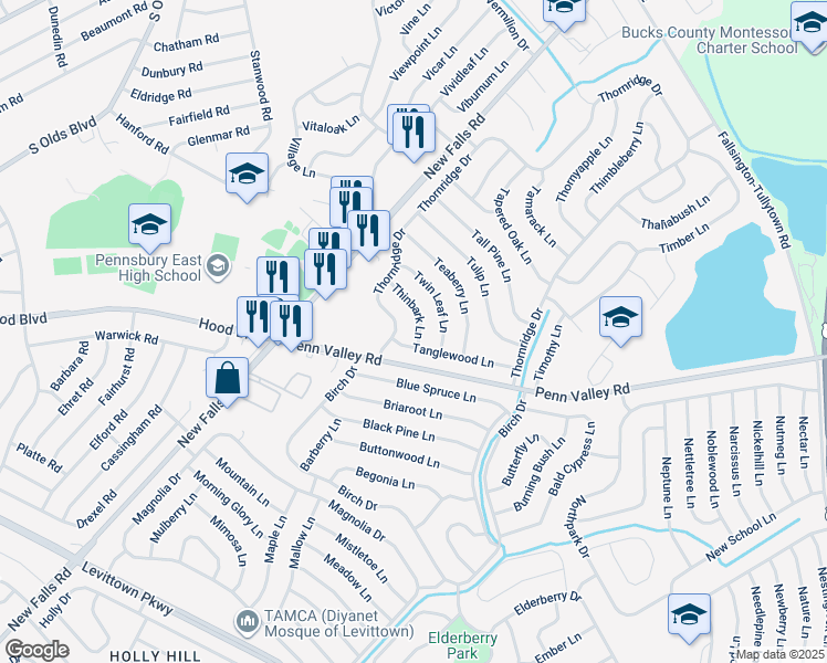 map of restaurants, bars, coffee shops, grocery stores, and more near 7 Thinbark Ln in Levittown