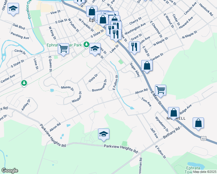 map of restaurants, bars, coffee shops, grocery stores, and more near 81 Westpointe Drive in Ephrata