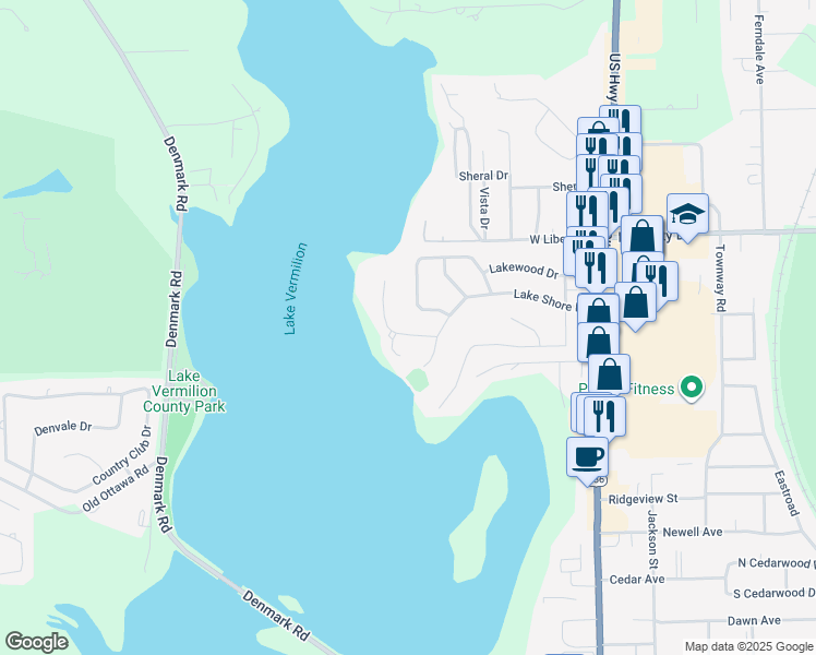map of restaurants, bars, coffee shops, grocery stores, and more near 22 Highland Shore Drive in Danville