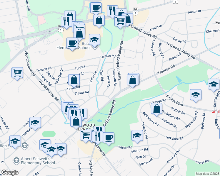 map of restaurants, bars, coffee shops, grocery stores, and more near 20 Trellis Road in Levittown
