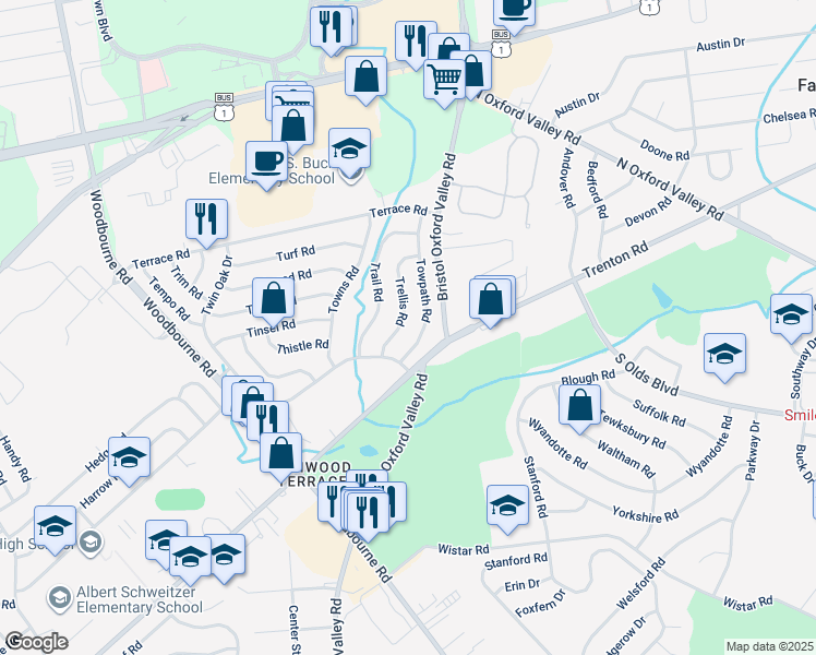 map of restaurants, bars, coffee shops, grocery stores, and more near 20 Trellis Road in Levittown