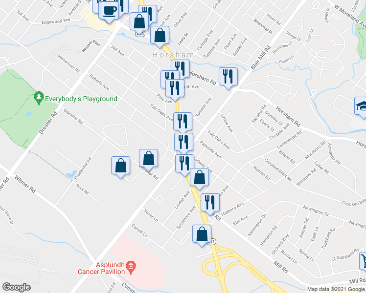 map of restaurants, bars, coffee shops, grocery stores, and more near 124 Easton Road in Horsham