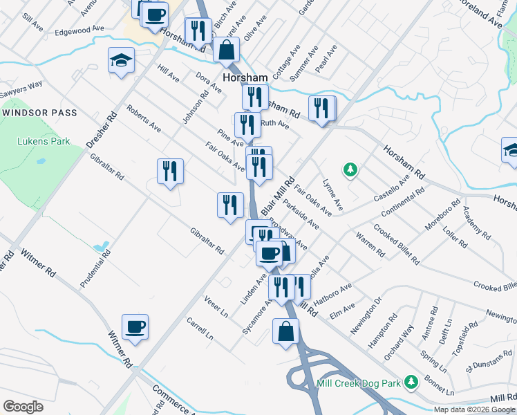 map of restaurants, bars, coffee shops, grocery stores, and more near 124 Easton Road in Horsham