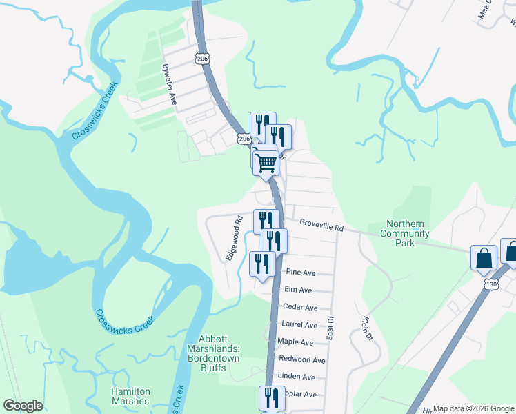 map of restaurants, bars, coffee shops, grocery stores, and more near Martin Avenue in Bordentown