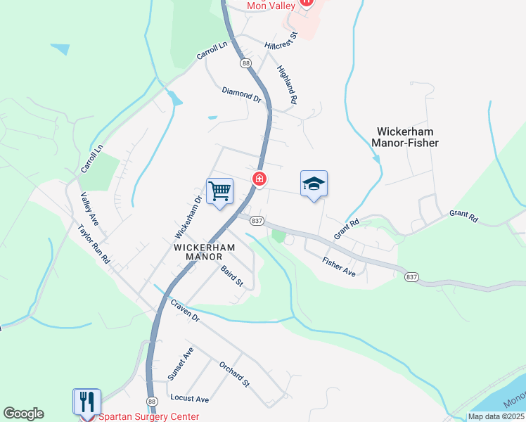 map of restaurants, bars, coffee shops, grocery stores, and more near 104 Alexander Street in Monongahela